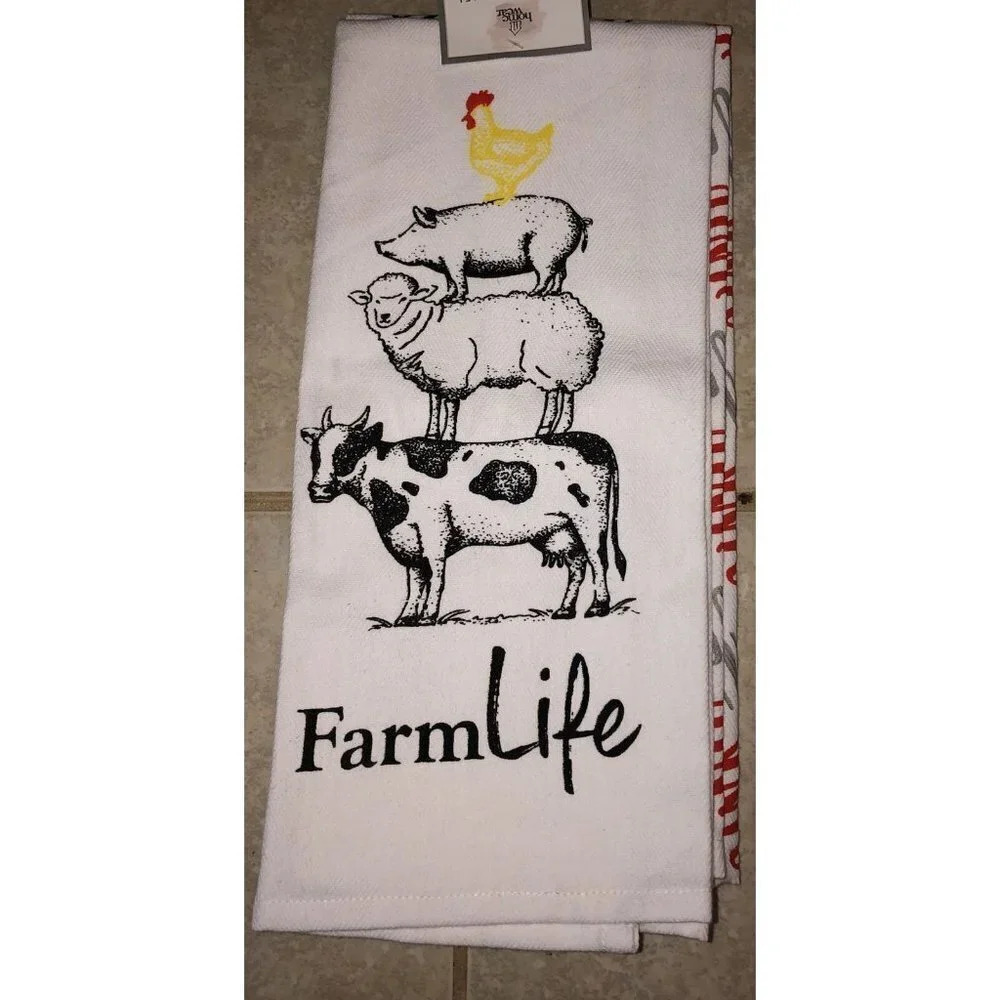 NWT Set Of 2 Kitchen Towels Farm Life Chicken Pig Sheep Cow‎ 18” X 28”